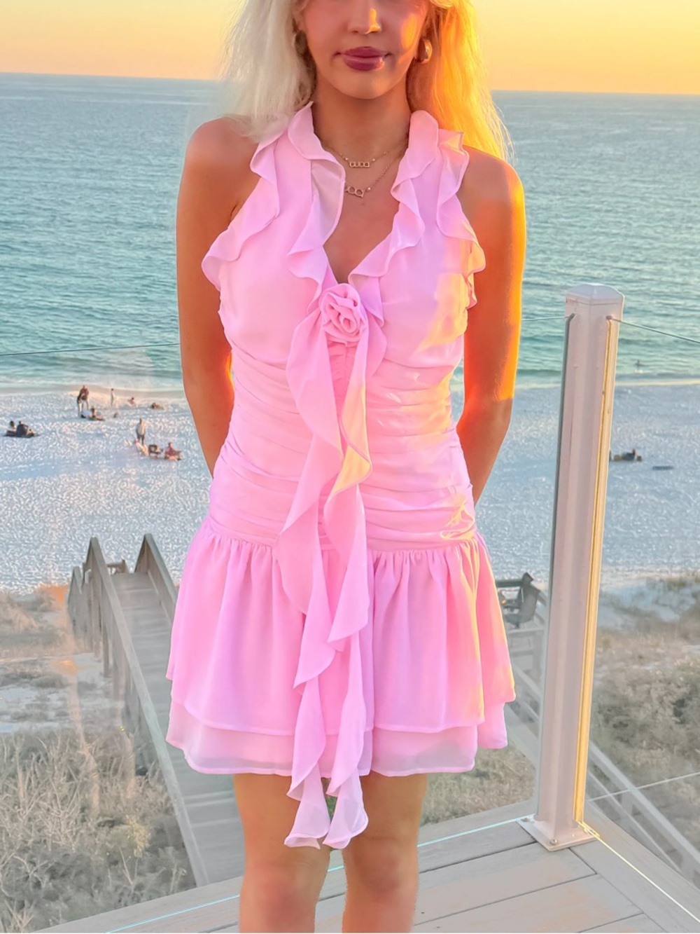 Blue Blush Light Pink Ruffled Halter Dress